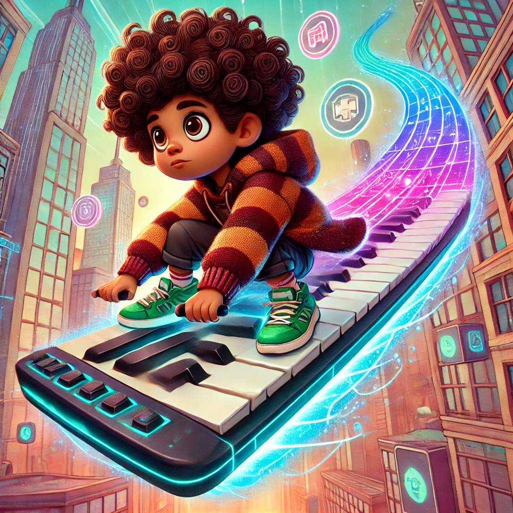 Illustrated character riding a musical keyboard through a city