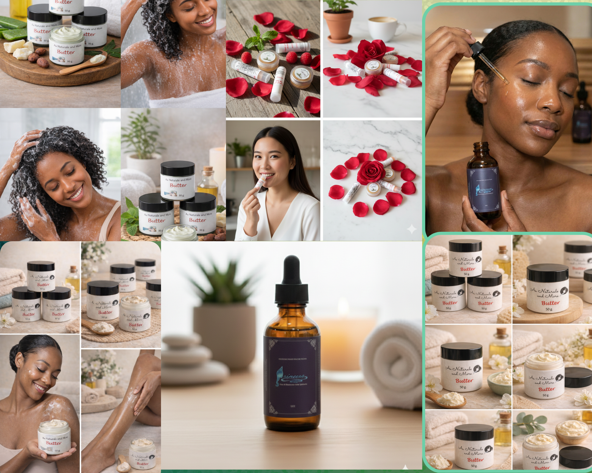Au Naturale hair and skincare product marketing collage
