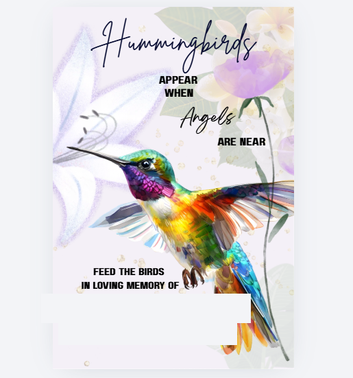 Hummingbird memorial keepsake card, name redacted for privacy