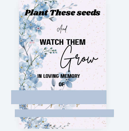 Forget-me-not seed packet memorial card, name redacted for privacy